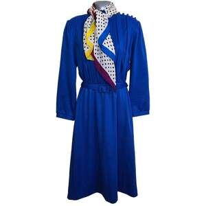 Vintage Kenny Classics Royal Blue Belted Midi Dress with Scarf Size 10